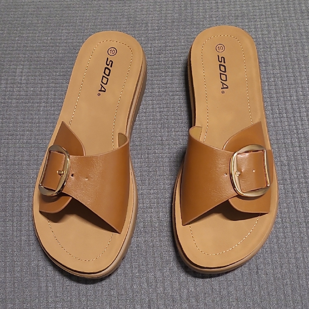 Soda Tan Buckle Slide Sandals